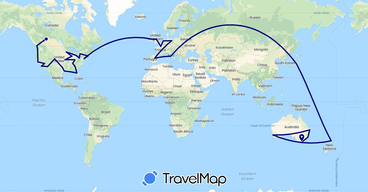 TravelMap itinerary: driving in Australia, Canada, Germany, Spain, France, United Kingdom, Ireland, Italy, Japan, Netherlands, New Zealand, United States (Asia, Europe, North America, Oceania)