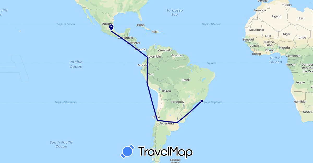 TravelMap itinerary: driving in Argentina, Brazil, Chile, Colombia, Mexico, Peru (North America, South America)