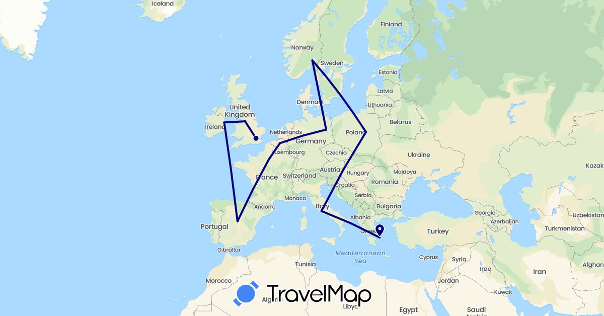TravelMap itinerary: driving in Belgium, Germany, Spain, France, United Kingdom, Greece, Ireland, Italy, Norway, Poland (Europe)
