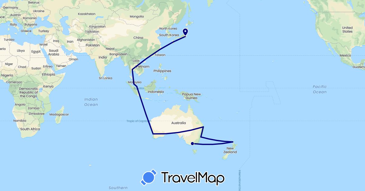 TravelMap itinerary: driving in Australia, Japan, Malaysia, New Zealand, Singapore, Thailand (Asia, Oceania)